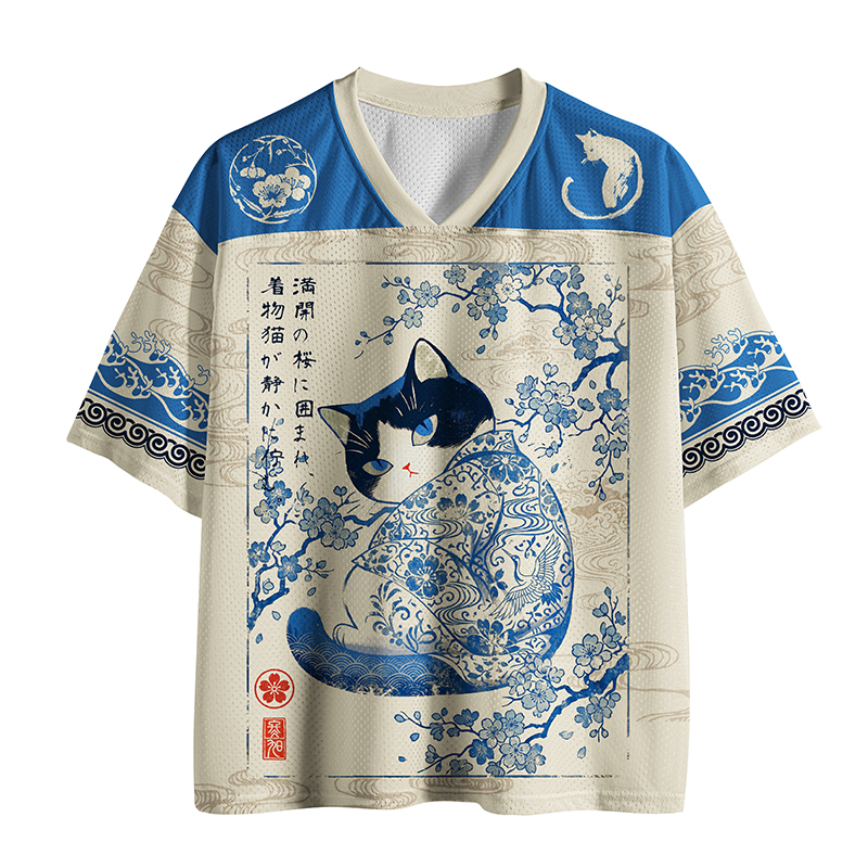 Tokyo-Tiger Porcelain Cat Beneath Sakura Mesh Jersey