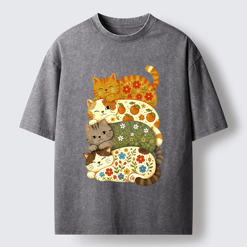 Tokyo‑Tiger Stacked Floral Cats Washed T‑Shirt