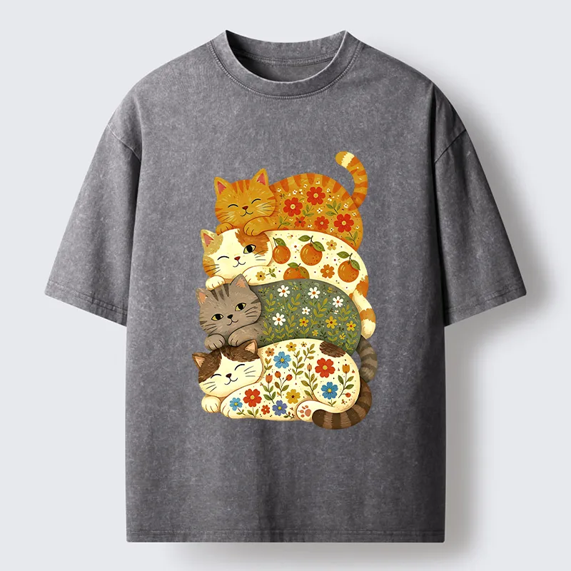 Tokyo‑Tiger Stacked Floral Cats Washed T‑Shirt