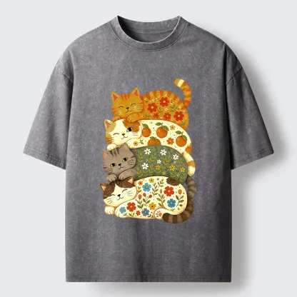 Tokyo‑Tiger Stacked Floral Cats Washed T‑Shirt