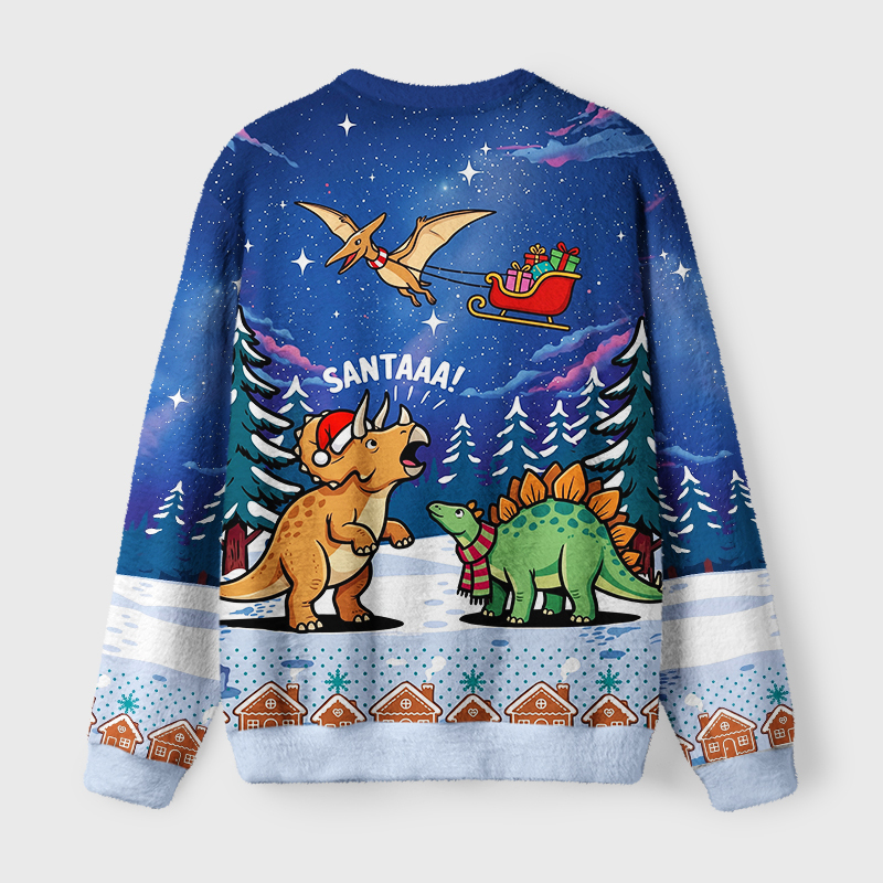 Tokyo-Tiger Cute Dino Christmas Fuzzy Christmas Ugly Sweatshirt