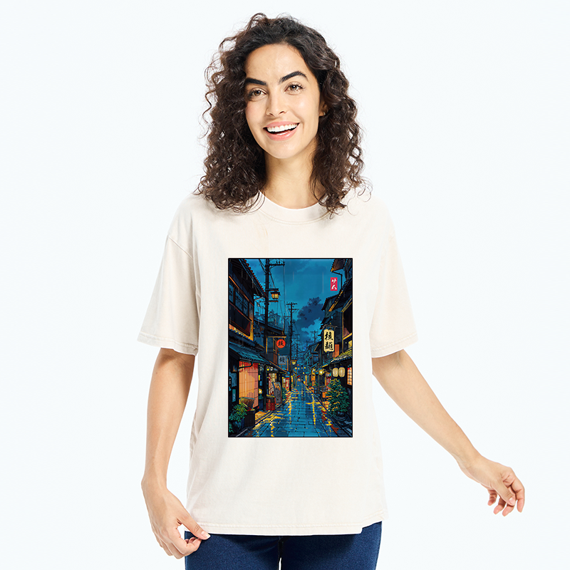 Tokyo-Tiger Japanese Teahouse Street Scene Washed T-Shirt