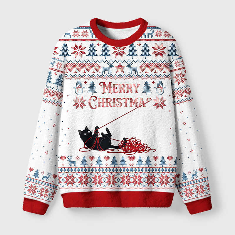 Tokyo-Tiger Christmas Yarn Black Cat Fuzzy Christmas Ugly Sweatshirt