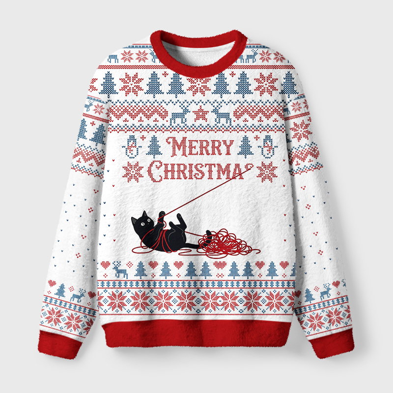 Tokyo-Tiger Christmas Yarn Black Cat Fuzzy Christmas Ugly Sweatshirt