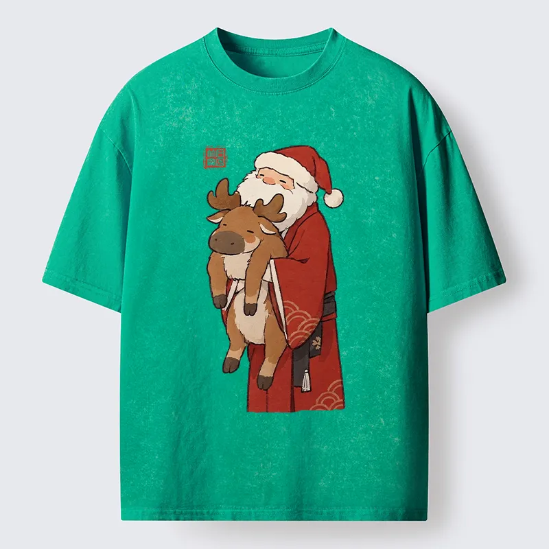 Tokyo‑Tiger Kimono Santa Hug Moose Washed T‑Shirt
