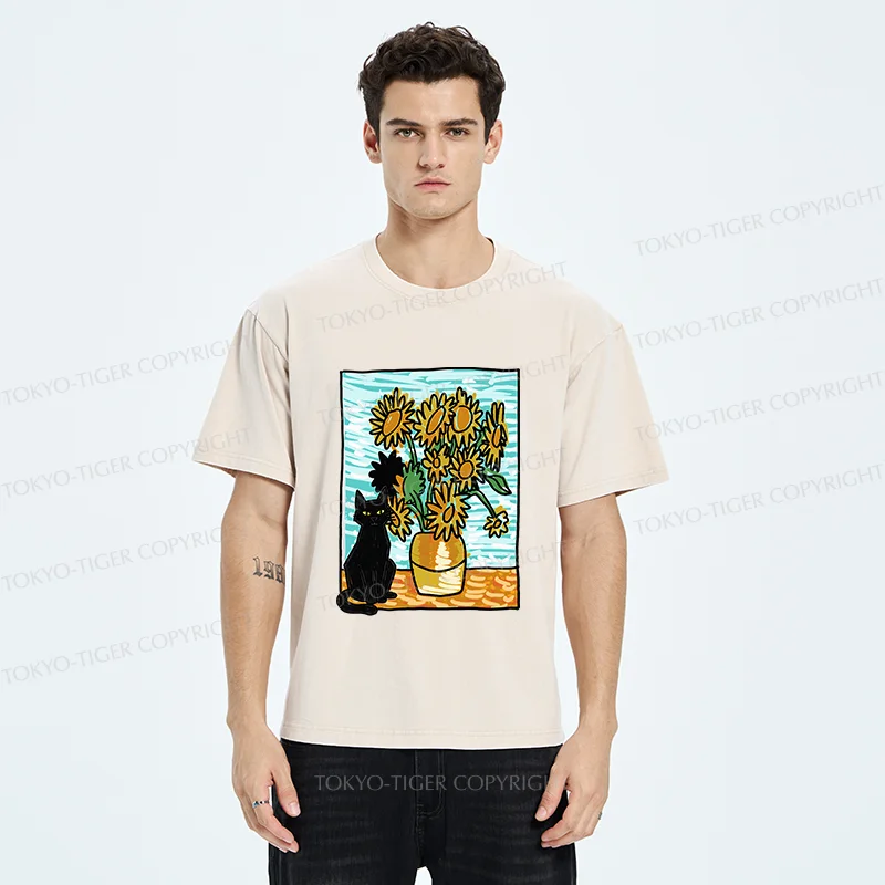 Tokyo-Tiger Black Cat And Sunflower Washed T-Shirt