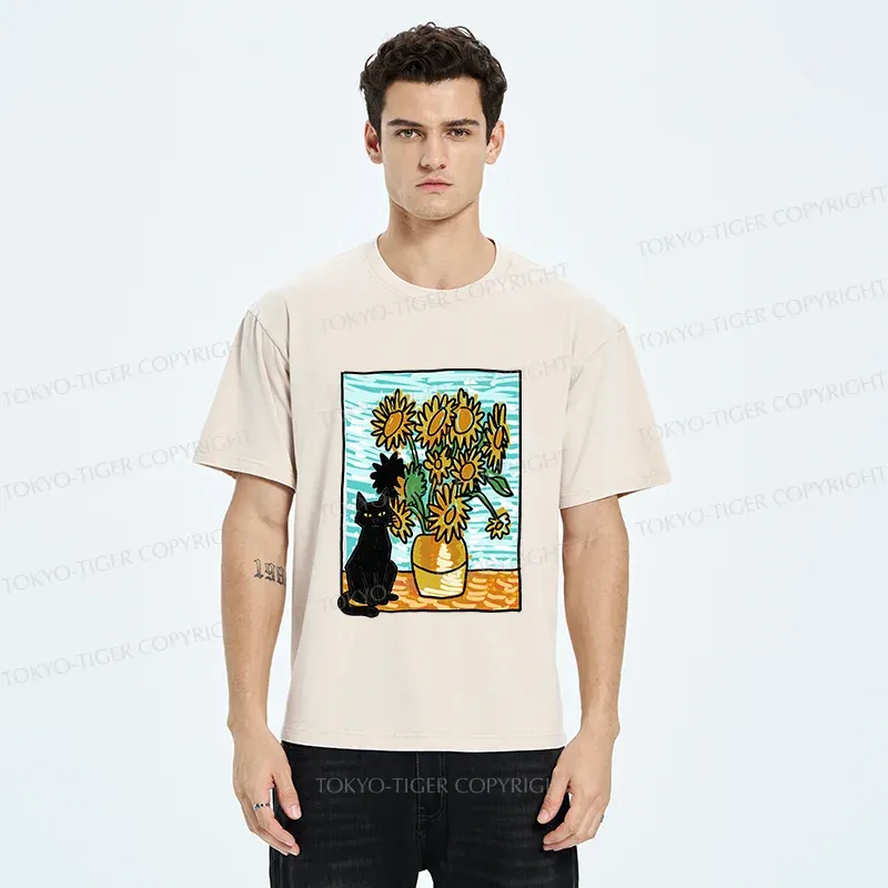Tokyo-Tiger Black Cat And Sunflower Washed T-Shirt