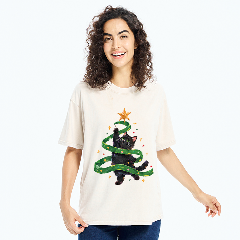 Tokyo-Tiger Black Cat Christmas Tree Ribbon Washed T-Shirt