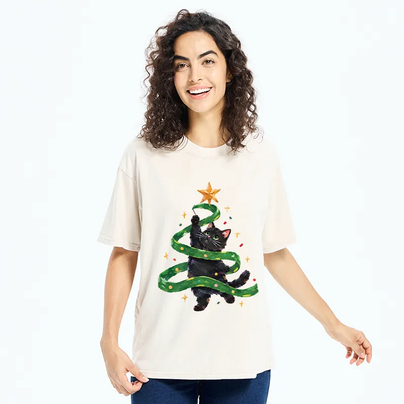 Tokyo-Tiger Black Cat Christmas Tree Ribbon Washed T-Shirt