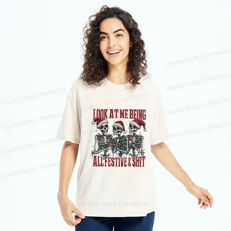 Tokyo-Tiger Funny Christmas Skull Washed T-Shirt