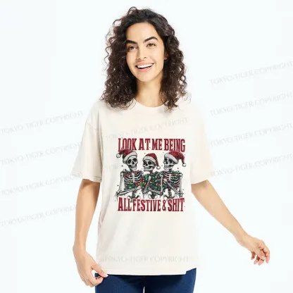 Tokyo-Tiger Funny Christmas Skull Washed T-Shirt