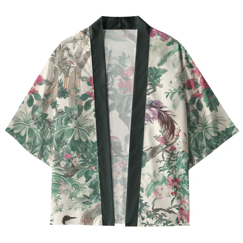 Tokyo-Tiger Floral Fowl Play Kimono Cardigan