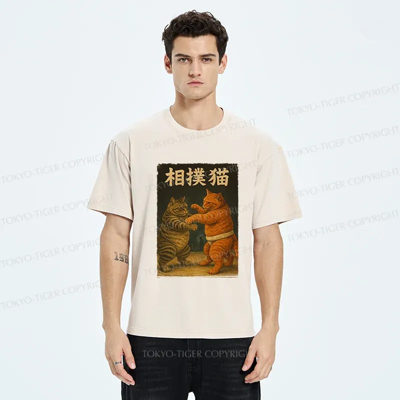 Tokyo-Tiger Sumo Cat Funny Washed T-Shirt