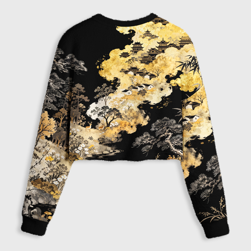 Tokyo-Tiger Vintage Oriental Landscape Women's Fuzzy Cropped Sweatshirt