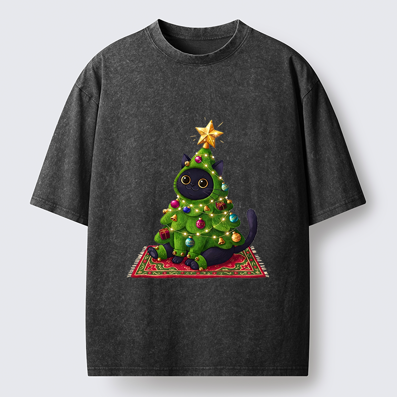 Tokyo-Tiger Cute Christmas Tree Cat Washed T-Shirt