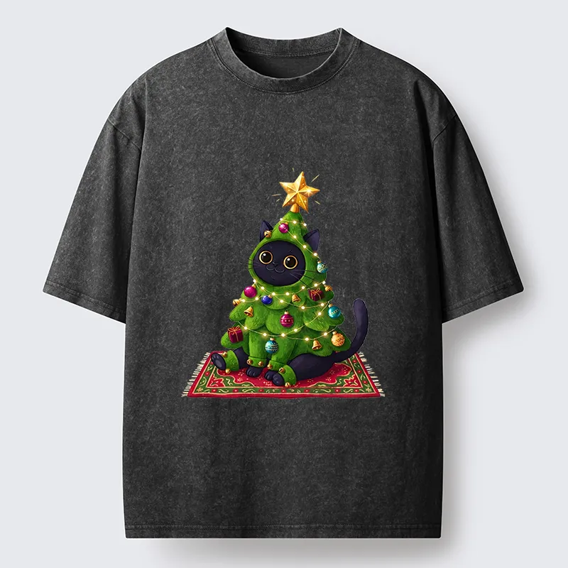Tokyo-Tiger Cute Christmas Tree Cat Washed T-Shirt