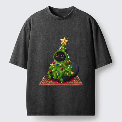 Tokyo-Tiger Cute Christmas Tree Cat Washed T-Shirt
