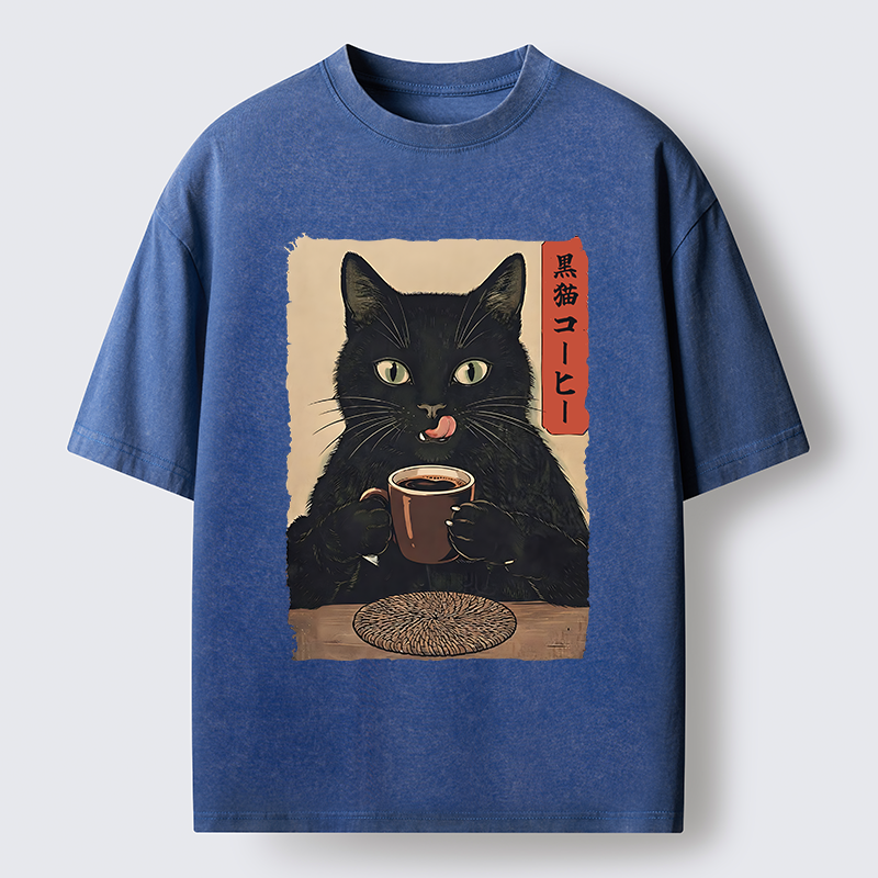 Tokyo-Tiger Vintage Black Cat Coffee Art Washed T-Shirt