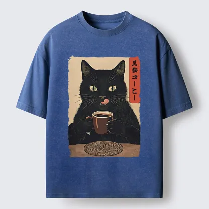 Tokyo-Tiger Vintage Black Cat Coffee Art Washed T-Shirt
