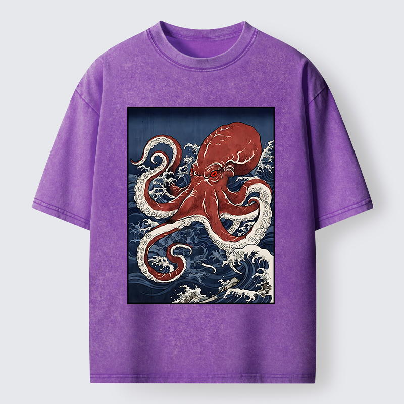 Tokyo-Tiger Japanese Octopus Wave Washed T-Shirt