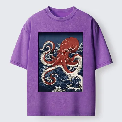 Tokyo-Tiger Japanese Octopus Wave Washed T-Shirt
