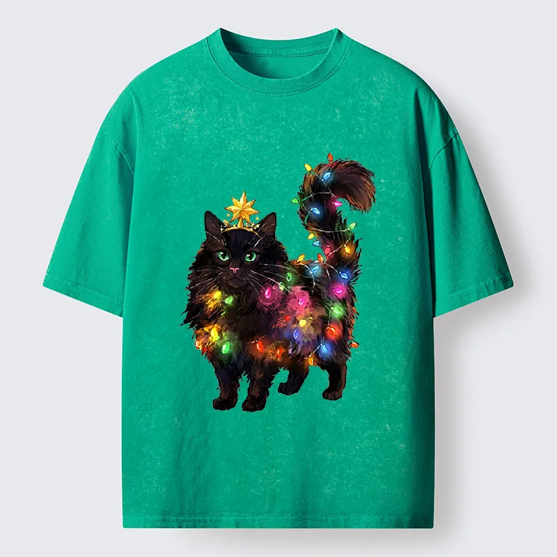 Tokyo-Tiger Christmas Black Cat With Star Crown Washed T-Shirt