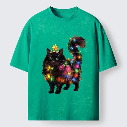 Tokyo-Tiger Christmas Black Cat With Star Crown Washed T-Shirt