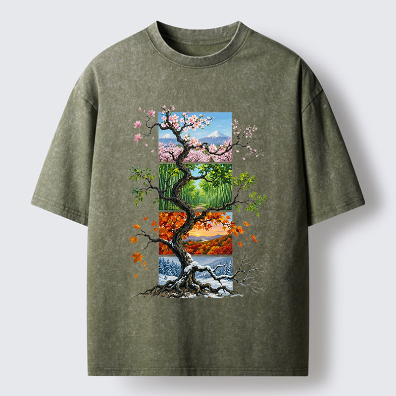 Tokyo-Tiger Nature Four Seasons Tree Art Washed T-Shirt