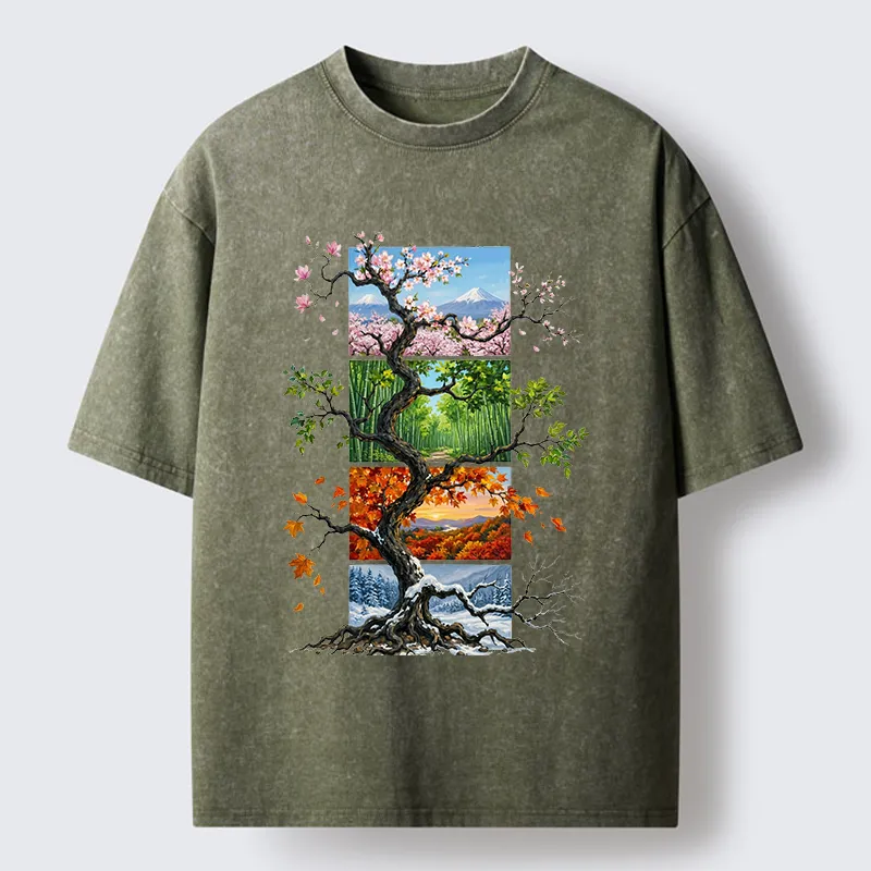 Tokyo-Tiger Nature Four Seasons Tree Art Washed T-Shirt