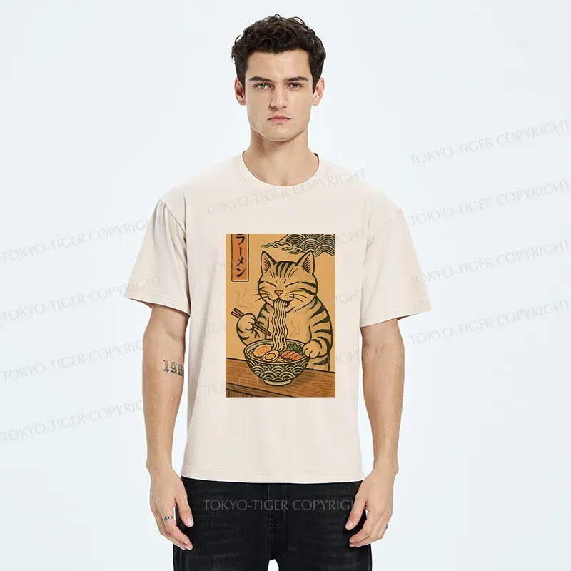 Tokyo-Tiger Retro Cat Eating Ramen Poster Washed T-Shirt