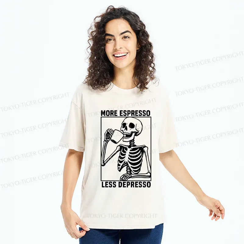 Tokyo-Tiger Skeleton Drinking Coffee Washed T-Shirt