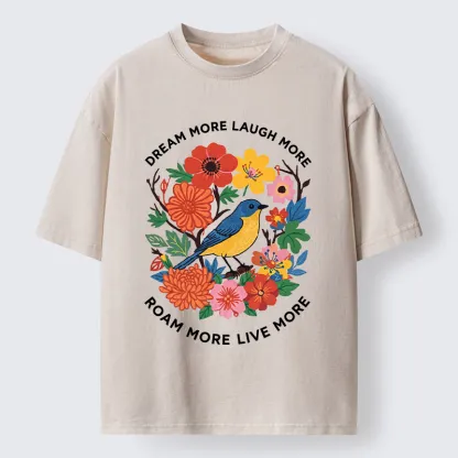 Tokyo-Tiger Vintage Bird Floral Quote Washed T-Shirt