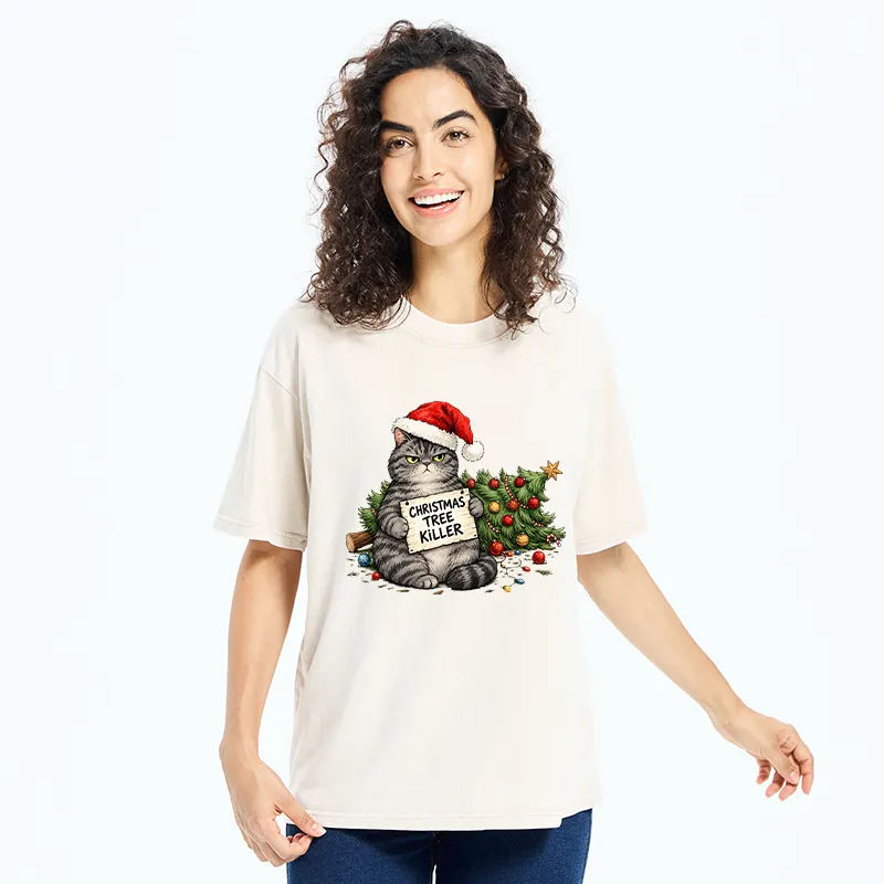 Tokyo-Tiger Playful Cat Messing With Christmas Tree Washed T-Shirt