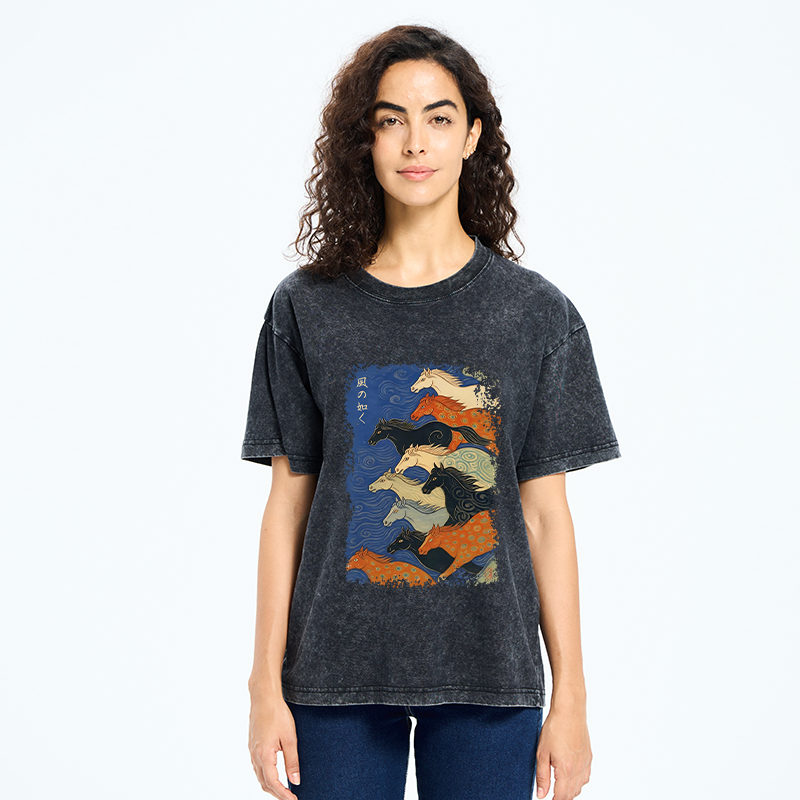 Tokyo-Tiger Vintage Japanese Running Horses Art Washed T-Shirt