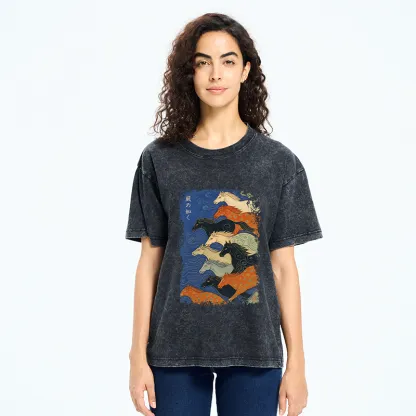 Tokyo-Tiger Vintage Japanese Running Horses Art Washed T-Shirt