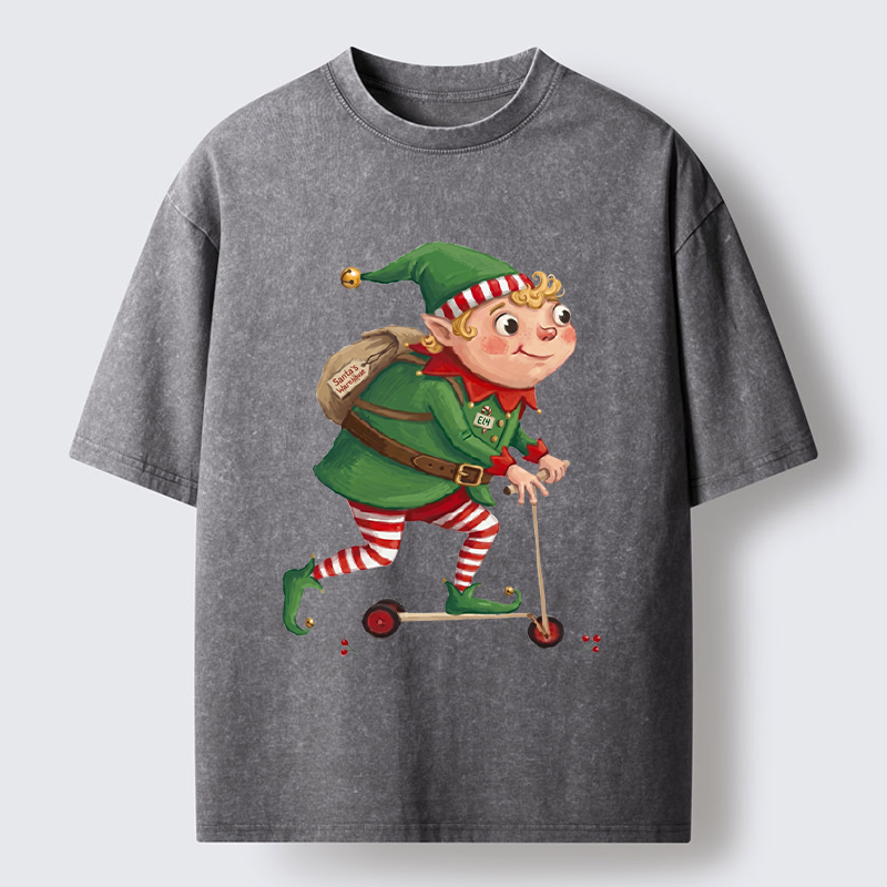 Tokyo-Tiger Christmas Elf Scooter Ride Washed T-Shirt