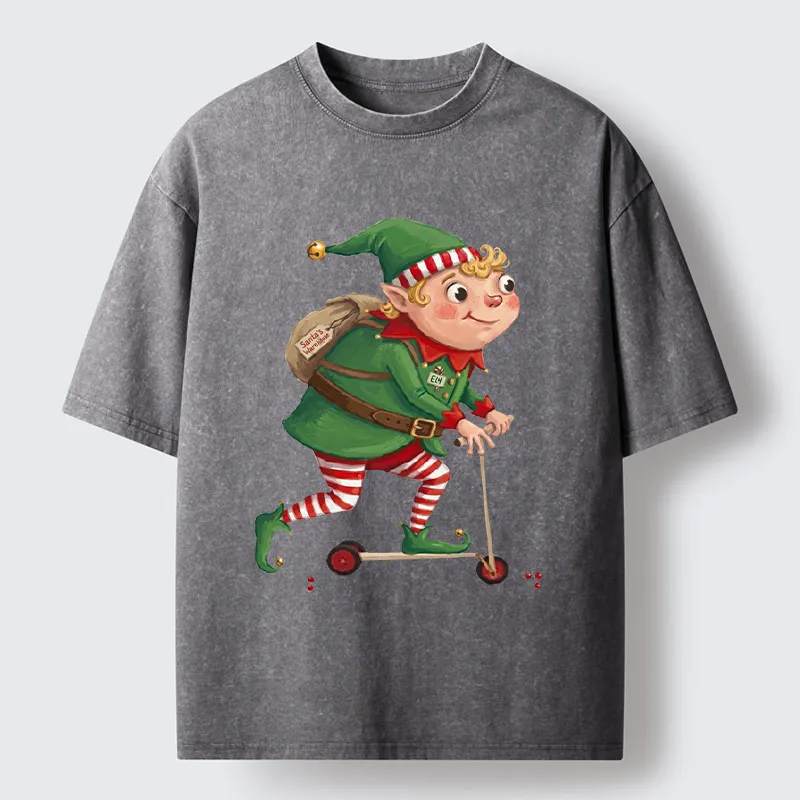 Tokyo-Tiger Christmas Elf Scooter Ride Washed T-Shirt