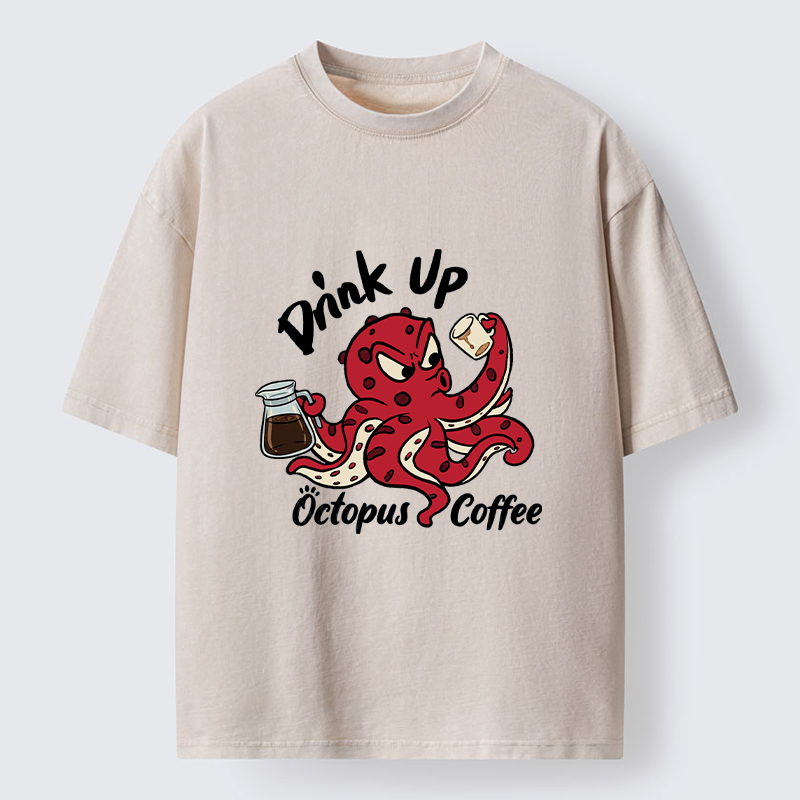 Tokyo‑Tiger Red Octopus Drinking Coffee Washed T‑Shirt Sale