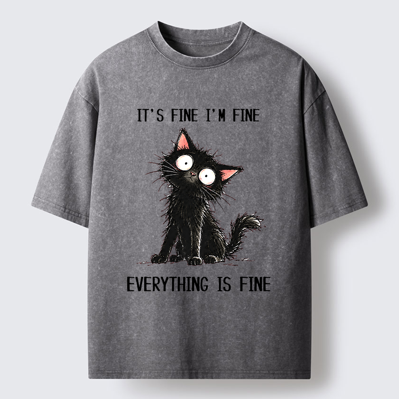 Tokyo-Tiger It's Fine Black Cat Meme Washed T-Shirt