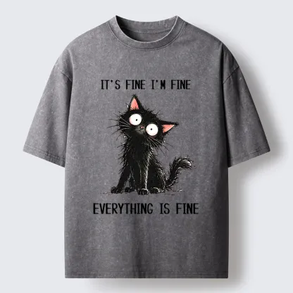 Tokyo-Tiger It's Fine Black Cat Meme Washed T-Shirt