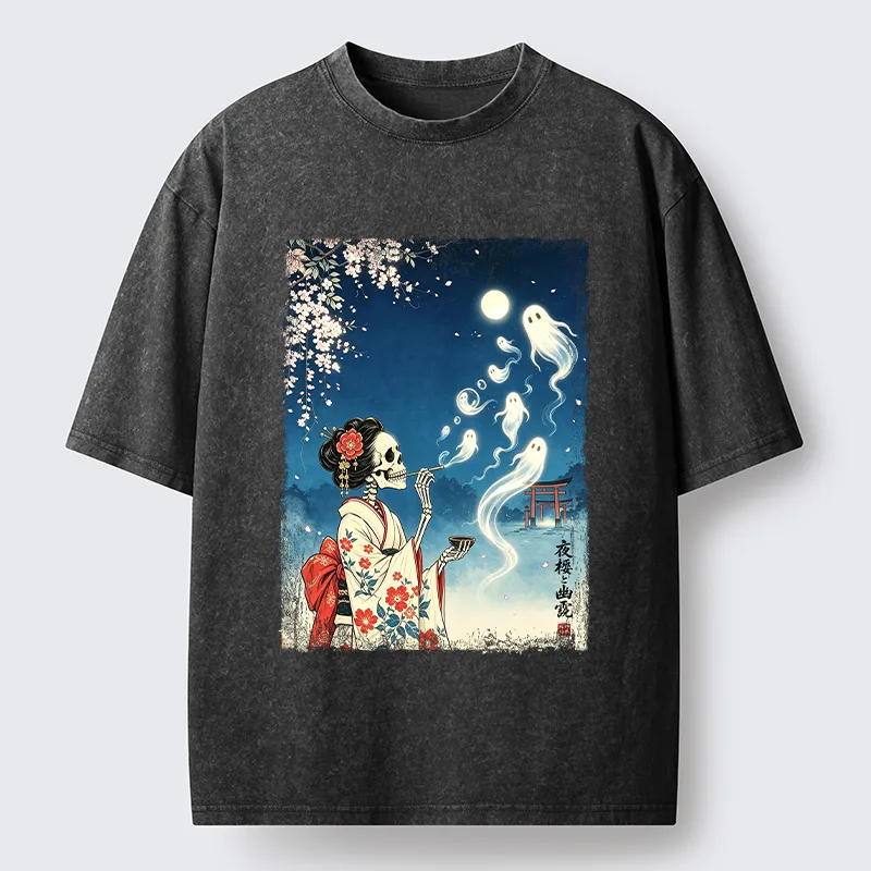 Tokyo‑Tiger Moon Skeleton Ghost Washed T‑Shirt Sale