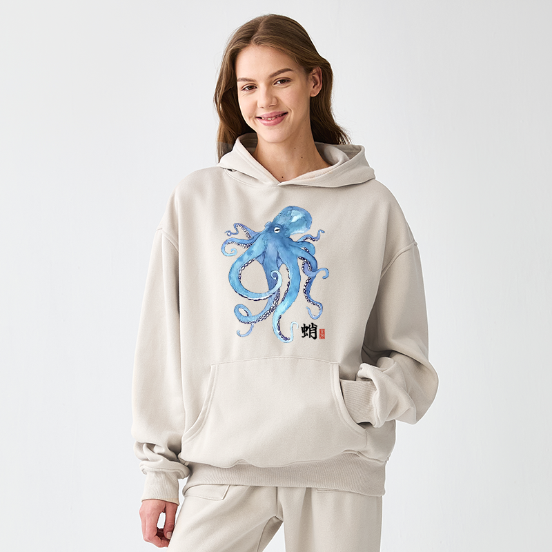 Tokyo-Tiger Watercolor Blue Octopus Adult Fleece Hoodie