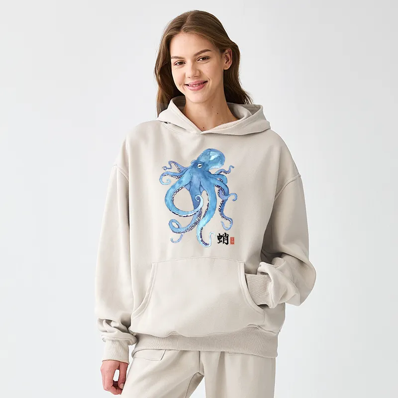Tokyo-Tiger Watercolor Blue Octopus Adult Fleece Hoodie