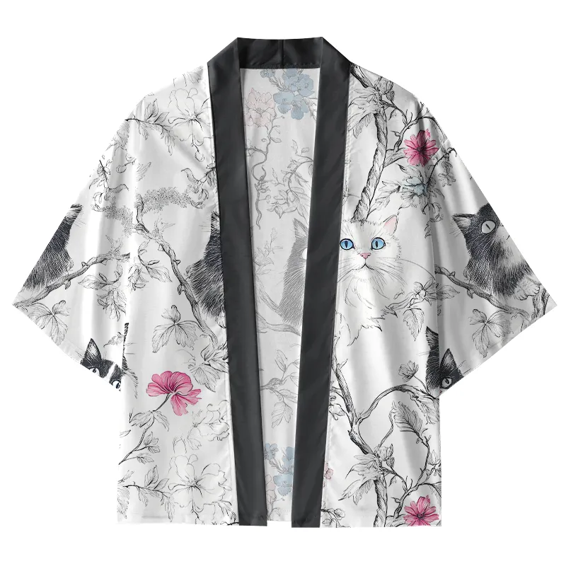 Tokyo-Tiger Black And White Cat On A Branch Kimono Cardigan
