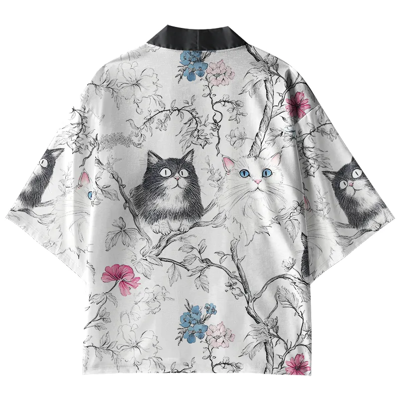 Tokyo-Tiger Black And White Cat On A Branch Kimono Cardigan