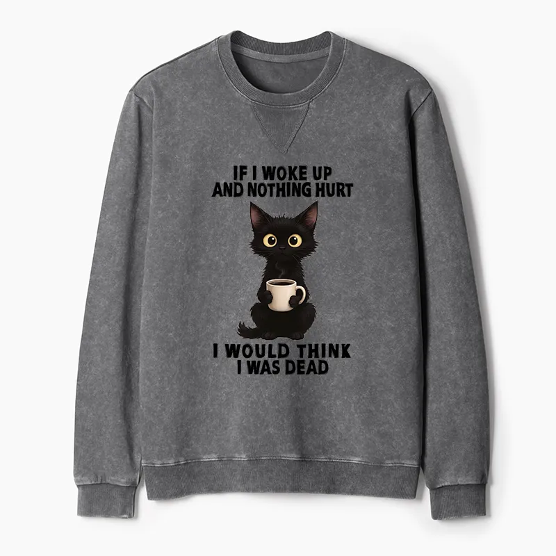 Tokyo-Tiger Funny Cute Black Cat And Coffee Meme Washed Terry Sweatshirt