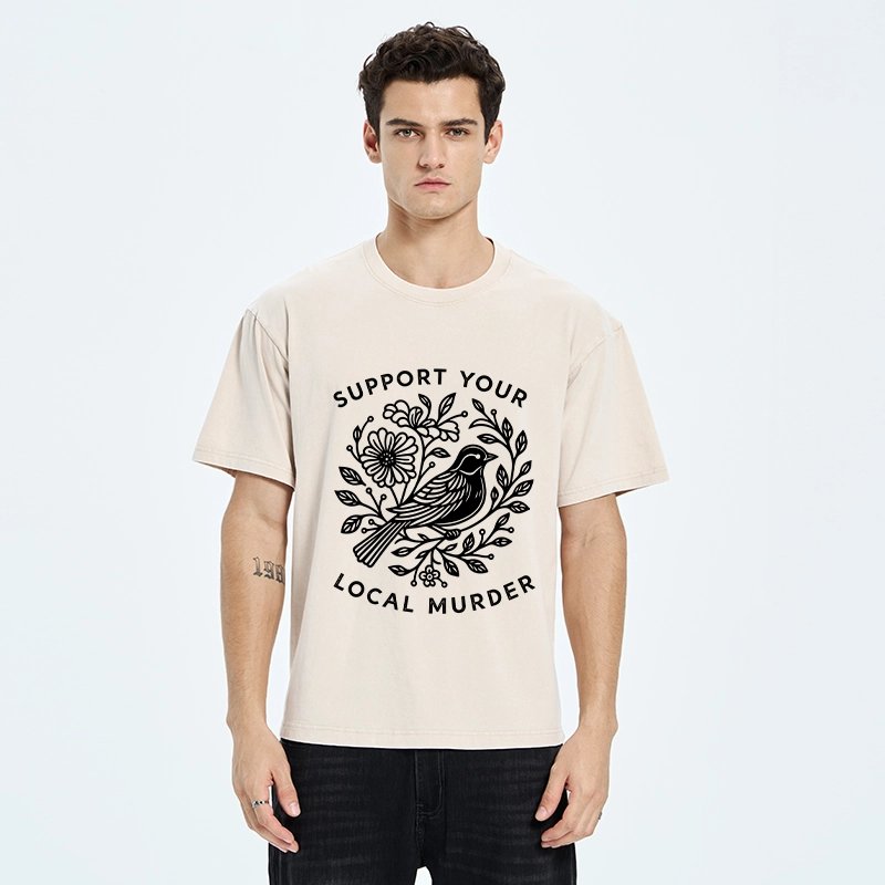 Tokyo-Tiger Floral Bird Art With A Dark Twist Washed T-Shirt