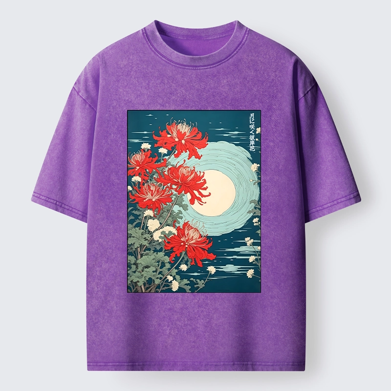 Tokyo‑Tiger Moon Red Spider Lily Washed T‑Shirt