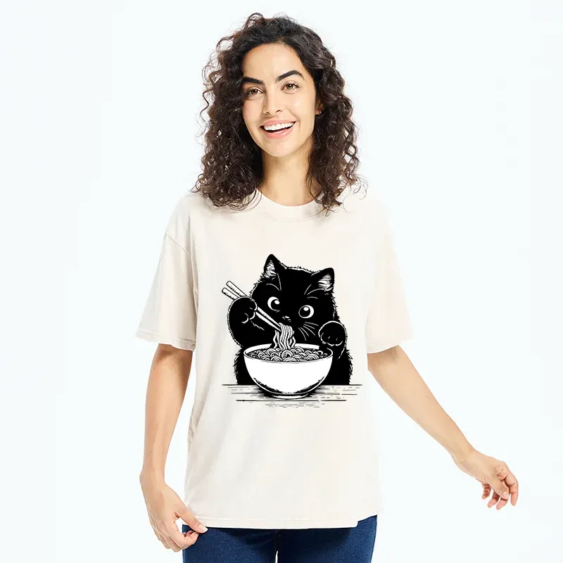 Tokyo-Tiger Cute Cat Eating Ramen Washed T-Shirt