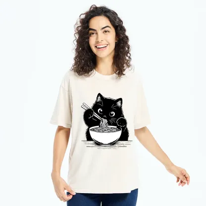 Tokyo-Tiger Cute Cat Eating Ramen Washed T-Shirt